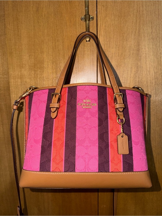 Coach Handbags - Coach Mollie 25 Pink and Orange Stripe Satchel with Tan Trim